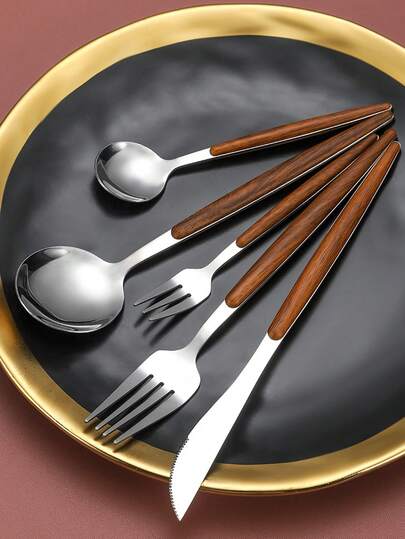 1件/5件/30件套简约尖头不锈钢西式餐具刀叉勺套装，仿木纹手柄，适用于餐厅、咖啡馆、酒店、家庭使用。优雅的厨房用具和配件，是日常家庭用餐、生日、聚会和学校用品的理想之选。