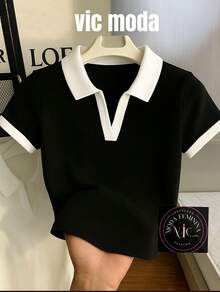 Women's Short Sleeve Cotton Polo Shirt - ÁO CỔ ĐEN - Xem 1
