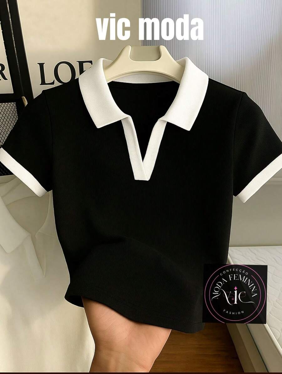 Women's Short Sleeve Cotton Polo Shirt - ÁO CỔ ĐEN - Xem 1