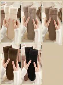 5 Pairs Cozy Fleece Winter Socks - Thick, Warm, Soft, Earthy Tones, Polyester & Elastic Fiber Blend, Knitted, Solid Color, Suitable For Cold Weather/Yoga/Sleeping, Fashionable Women - Multicolor - View 9