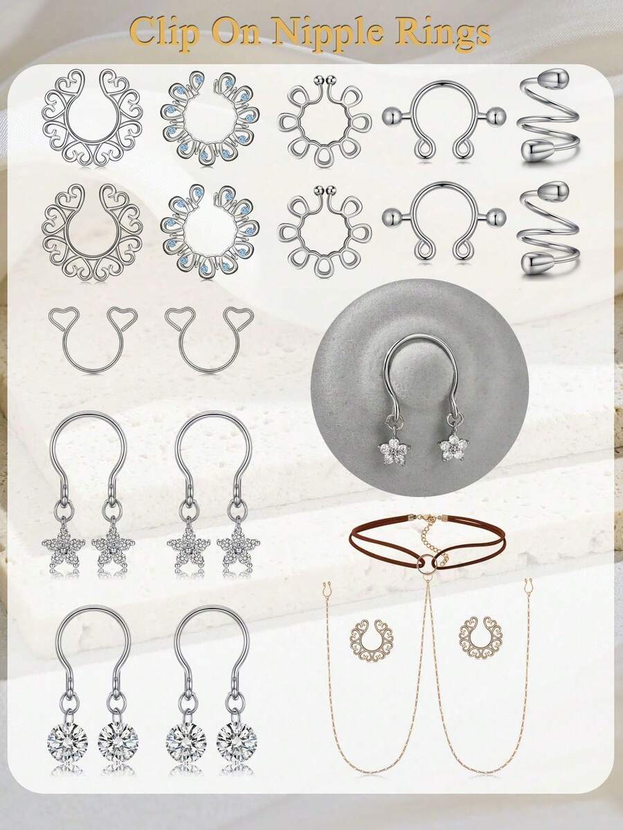 2PCS Non-Piercing Clip On Nipple Rings, Adjustable Dangling CZ Breast Jewelry For Women Stainless Steel Faux Piercing Jewelry