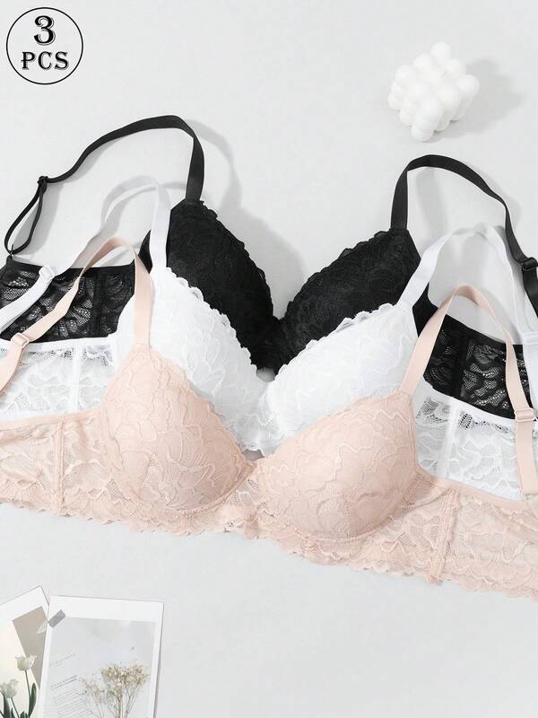 3pcs Lace Patchwork Underwire Bras With Adjustable Straps, Elegant Sexy Daily Wear & Commuting Bras For Women
