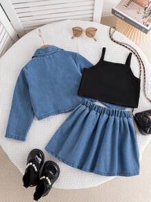 3 PiecesYoung Girl Fashion Casual Denim Jacket, Black Camisole Top, And Pleated Denim Mini Skirt Set, Suitable For Daily, Outdoor, School, And Vacation