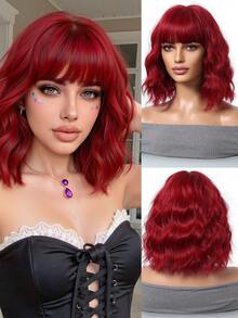 14英寸短款波浪红色假发，女士耐热自然波浪假发，带夹子，适合初学者，适用于万圣节和圣诞节 - 紅色 - 查看 8