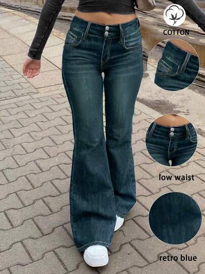 Low-Waist Retro Y2K Style Versatile Two-Button Women's Denim Flare Pants
