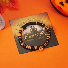 Spooky Pumpkin Polymer Clay Charm Bracelet - Halloween Party Series Beaded Strand Bracelet With Pendant