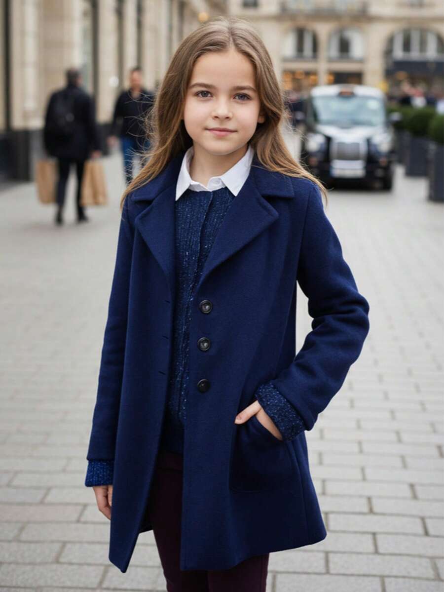 青少年女孩纯色长袖休闲西装外套，适合秋冬穿着 - 藍色 - 查看 1