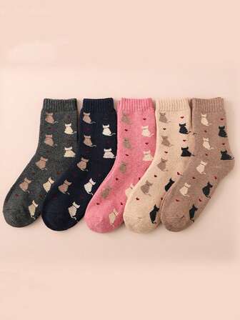 5 Pairs Women's Cartoon Cat Pattern Casual Warm Thick Crew Socks, Suitable For Autumn/Winter