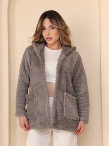 Plush Coat Teddy Blouse With Hood And Pocket - Grey - View 4