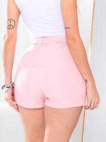Women's Shorts Simple With Pocket And Fabric Belt, Zipper Holiday And Beach S779 - Baby Pink - View 4