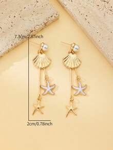 1 Pair Romantic Ocean Style Seashell & Starfish Tassel Earrings, Elegant Faux Pearl Dangle Earrings, Charming Women Jewelry, Summer Earrings Suitable For Daily Wear, Beach Date And Vacation