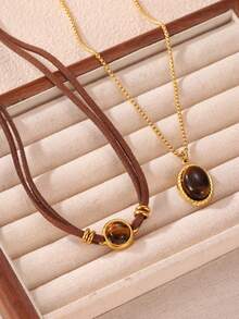 GEREIT Set de 2 collares de acero inoxidable con piedra de ojo de tigre para mujeres, accesorio versátil para otoño/invierno