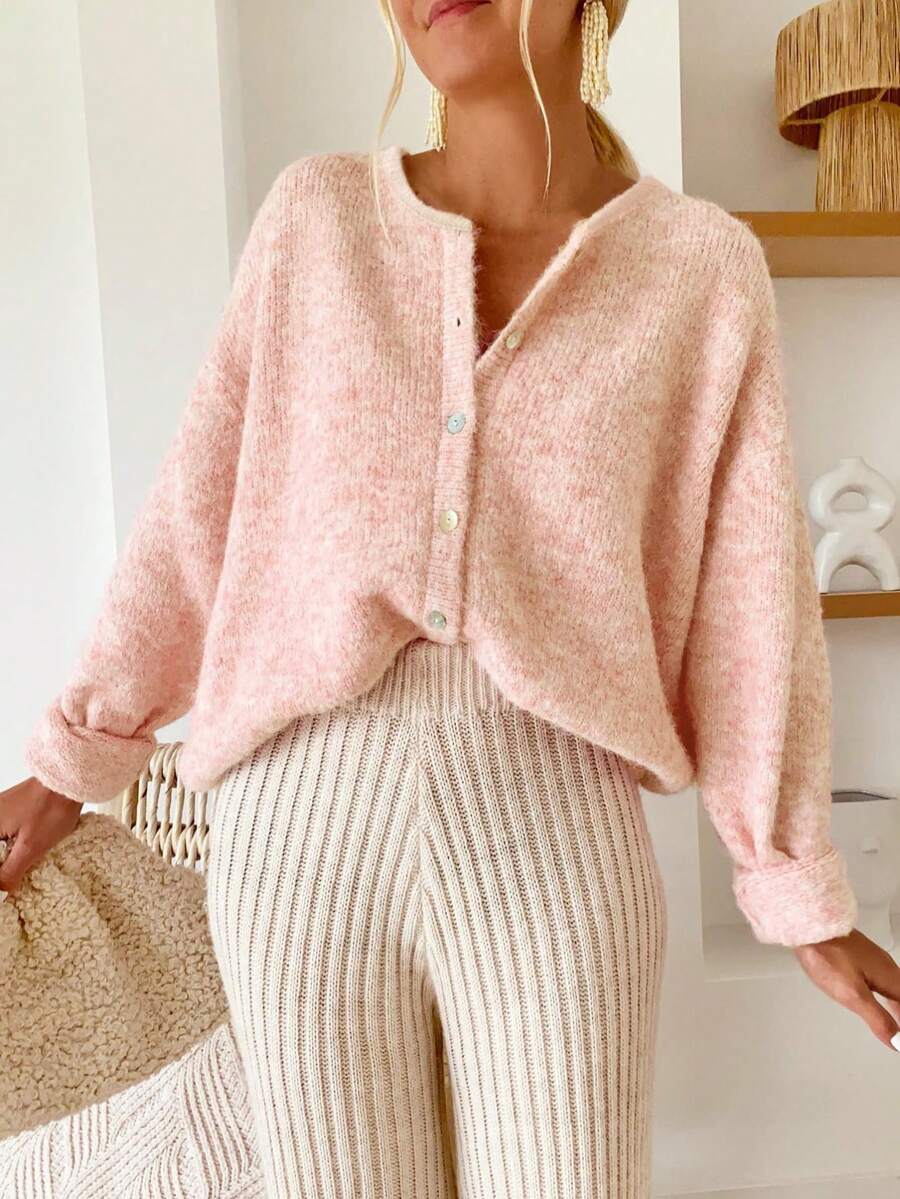 New Women's Casual Everyday Commute Solid Pink Long Sleeve Round Neck Cardigan With Shell Buttons, Knit Sweater