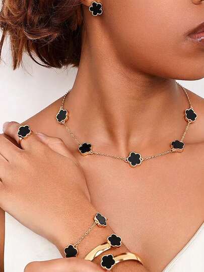 Conjunto de 5 joias de liga com design de flores da sorte, presente moderno para mulheres, pulseira de cristal de cura, promove a cura energética espiritual, adequada para uso diário, presente ideal para família, esposa ou parceira