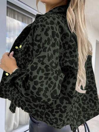 女士时尚豹纹牛仔夹克，秋季