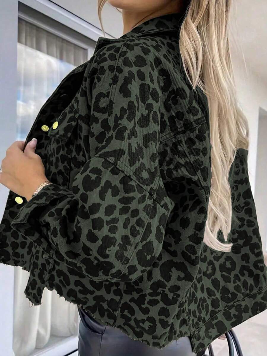 Chaqueta de mujer con estampado de leopardo de moda, otoño - Verde militar - Ver 1