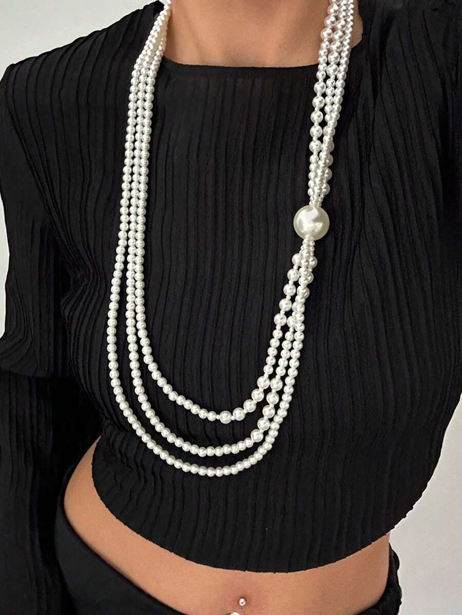 1 pezzo Elegante collana lunga con perle finte a più strati, collana vintage stile barocco con perline, adatta per ogni occasione, ottima scelta regalo
