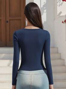 Women Solid Long Sleeve Shirts Slim Fit Deep V Neck Cut Out Crop Tops For Spring Fall Streetwear - Navy - View 4