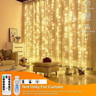 1set 300/200/100 LED Fairy Curtain String Lights - 8 Lighting Modes,USB Power Hanging Window Lights, Fairy Lights, Bedroom Decor, Indoor Decor, Christmas Holiday Party Supplies, Party Decor, Festival DecorChristmas Lights Decoration,Christmas Decorations>Light