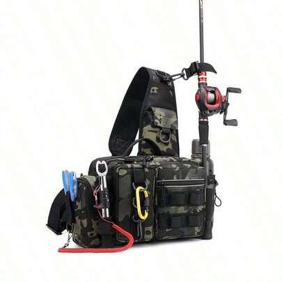 1pc Premium Nylon Fishing Backpack - Multi-Functional Chest Bag With Adjustable Strap, Padded Shoulder Pads, And Multiple Compartments - Ideal For Fishing, Hiking, Camping, And Outdoor Adventures