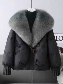 2025 New Thick Padded Coat With Fur Collar, Fashionable Padded Short Coat, Slim Fit Winter Outerwear - Black - View 5