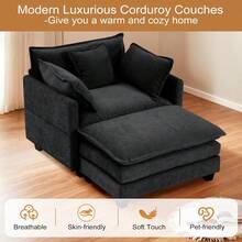 Oversized Accent Chairs With Ottoman Luxury Chenille Single Sofa Couch Upholstered Deep Seat Chaise Lounge With Pillows For Living Room Bedroom Apartment Black