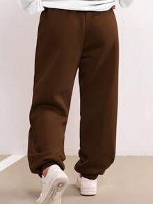 Ladies Casual Sports Autumn And Winter Warm And Fleece Sweatpants Letter Printed Fashion All-Match Fleece Sweatpants - Coffee Brown - View 4