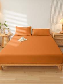 1 pièce Drap-housse super doux de couleur unie, literie, drap de lit léger, housse de matelas orange, drap-housse à poche profonde, doux et respirant, pour tous les formats de lit - simple, double, queen, king. Convient pour toutes les saisons, décoration de chambre