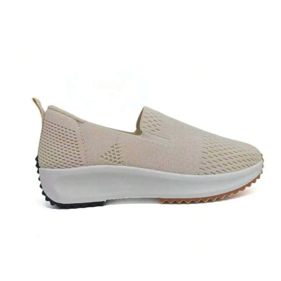 Women's Casual Slip-On Sneakers With Thick Sole - Breathable And Lightweight Mesh Shoes, Ideal For Spring, Summer, Students, Travel, And Daily Use - Beige - View 1