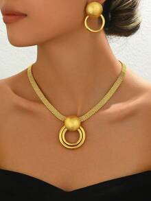 مجموعة مكونة من 3 قطع، قلادة وأقراط مطلية بالذهب عيار 18 قيراط، طراز فاخر وأنيق للنساء