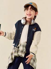 mini bala Kids Teddy Bear Baseball Jacket Fall Winter College Style Soft Comfortable Top - Dark Blue - View 2