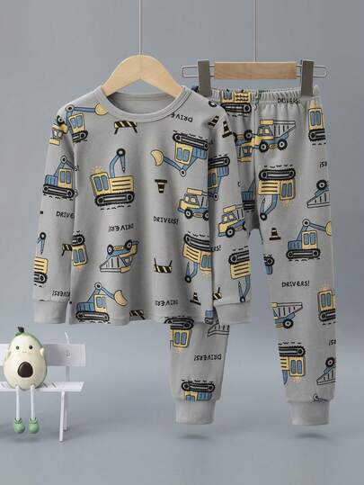 2 st/set pyjamasset med tecknat dinosaurietryck i 100 % bomull, tjock långärmad topp och byxor för småbarn, pojkar