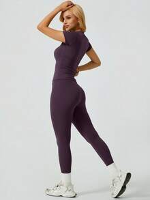 NcmRyu Women's Solid Color Minimalist Casual Sports Set Summer - 紫色 - 查看 5
