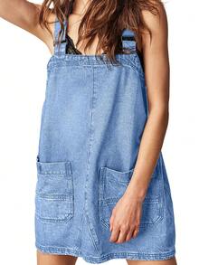 Womens Denim Overalls Dress Casual Summer Loose Bib Rompers Adjustable Straps Jean Overall Dress - Màu xanh nhạt - Xem 1