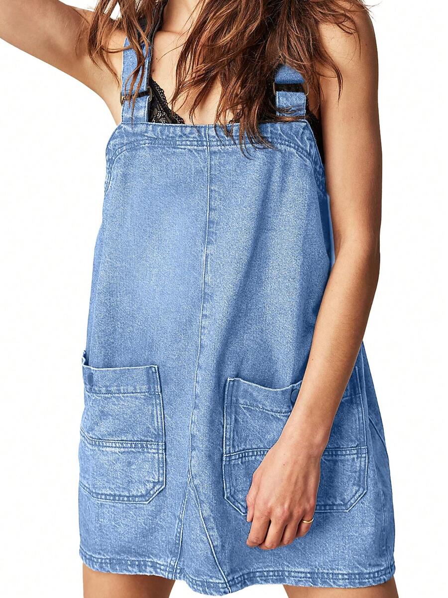 Womens Denim Overalls Dress Casual Summer Loose Bib Rompers Adjustable Straps Jean Overall Dress - Màu xanh nhạt - Xem 1