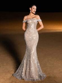 Faeriesty Haute Glamour Luxe Beaded Sequin Mermaid Evening Gown With Off-Shoulder Thin Straps – Intricate Flowing Wave Beadwork On Bodice & Skirt, Form-Fitting Silhouette & Dramatic Mermaid Flared Skirt For Galas, Weddings, Proms & High-End Evening Parties