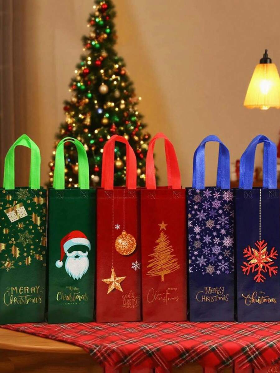 6pcs Christmas Wine Gift Bags With Handles, Reusable Thick Christmas Wine Bottle Wrapping Paper Bags, Perfect Holiday Birthday Party Bags For Wine, Champagne, Whiskey, Christmas Gifts, Home Decoration, Assorted Colors And Styles