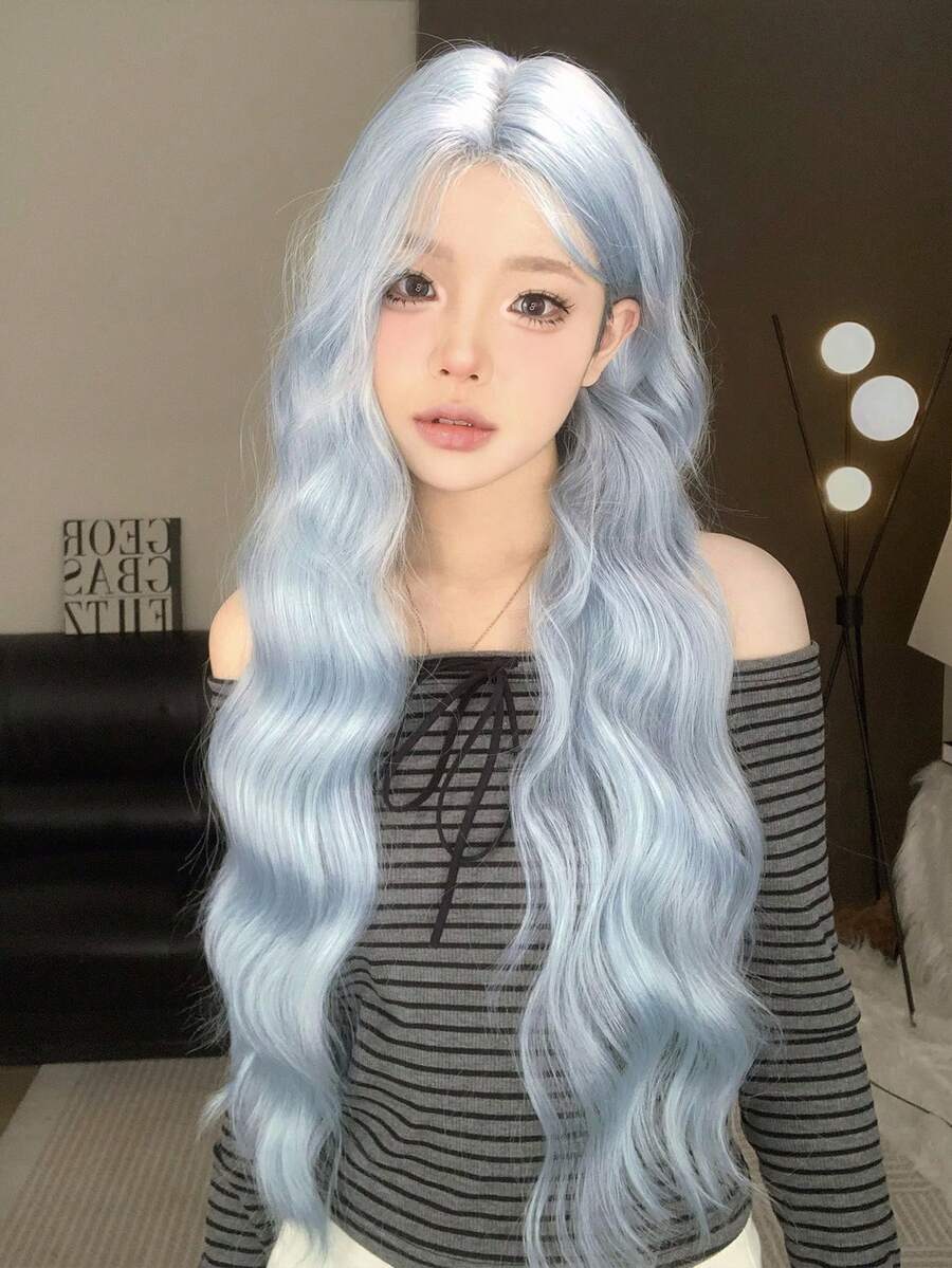 alicegarden Forehead Lace Curly Wig, Light Blue Long Curly Wig, 30 Feet Long, Mid Cut Style, Natural And Realistic Wig For Daily Use - Baby Blue - View 1
