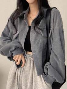女式百搭单排扣灯芯绒衬衫领短款夹克，长袖 - 淺灰色 - 查看 1