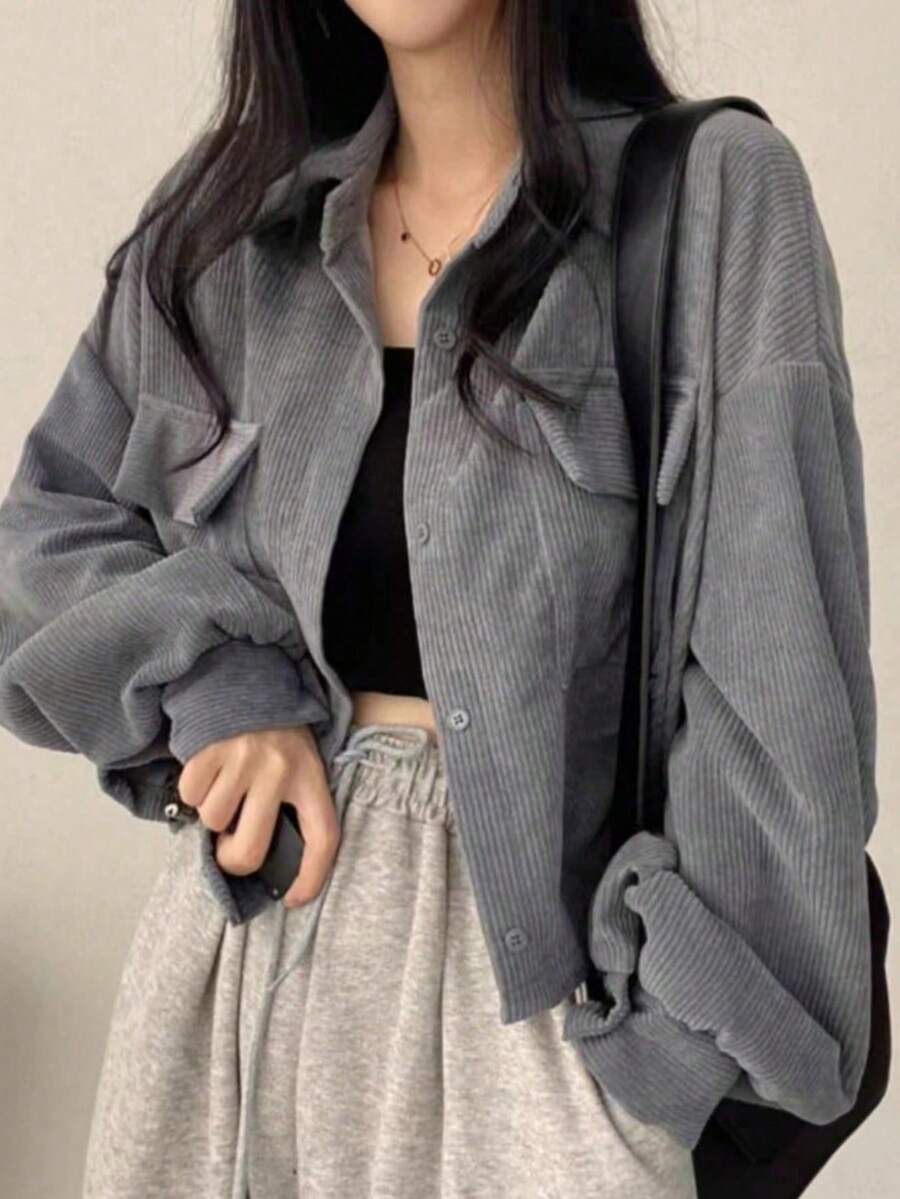 女式百搭单排扣灯芯绒衬衫领短款夹克,长袖 - 淺灰色 - 查看 1