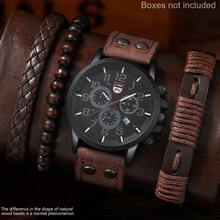 LIANDU LIANDU 一套男士手表，日历运动休闲风格，阿拉伯数字圆形表盘，PU表带，真皮手链，朋克风格手链套装，PU编织环绕式腕带，适合日常佩戴、生日礼物、派对、节日聚会，是送给自己或朋友的理想礼物。不含包装盒。