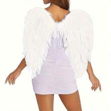 2件套性感吊带背心，天使翅膀设计，羽毛翅膀服装，适合节日、派对、假日穿着，轻便可爱，时尚羽毛设计服装翅膀，派对配饰，节日表演者，角色扮演爱好者，半豪华活动准备，以及丝带蝴蝶结装饰的角色扮演翅膀。 - 白色 - 查看 5