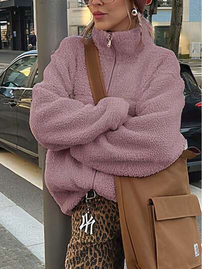 Women's Casual Fashion Stand Collar Drop Shoulder Sleeve Chest Splice Distressed Design Fuzzy Purple Jacket, Autumn/Winter