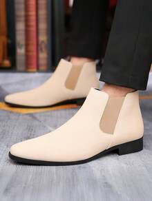 Men's Suede Pointed Toe Chelsea Boots, Elastic Side Panels Low Heel Business Casual Formal Ankle Boots For Men Office Wedding Daily Commute Wear - 米色 - 查看 3