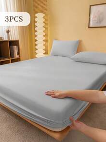 2/3 Pcs Fitted Sheet Set, Bedding, Solid Color Bed Sheet Set, Halloween Decor, Fall Decor, Christmas Decoration, Soft And Comfortable Bedding, Skin-Friendly Bed Cover Set, Room Decor For All Season, Halloween Gift, Mattress Protector For Bedroom, Fits For Single, Twin, Full, Queen And King Size Bed, 1 Fitted Sheet And 1/2 Pillowcases, Machine Washable - 淺灰色 - 查看 12