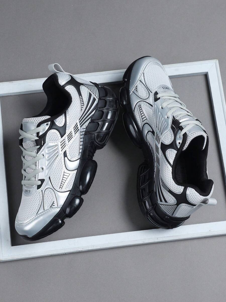 男士运动鞋，时尚男士运动鞋，系带鞋，个性化银色街头休闲鞋 - 銀色 - 查看 1