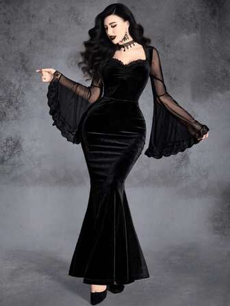 Gothic Pleated Contrast Mesh Flounce Sleeve Maxi Velvet Mermaid Hem Dress