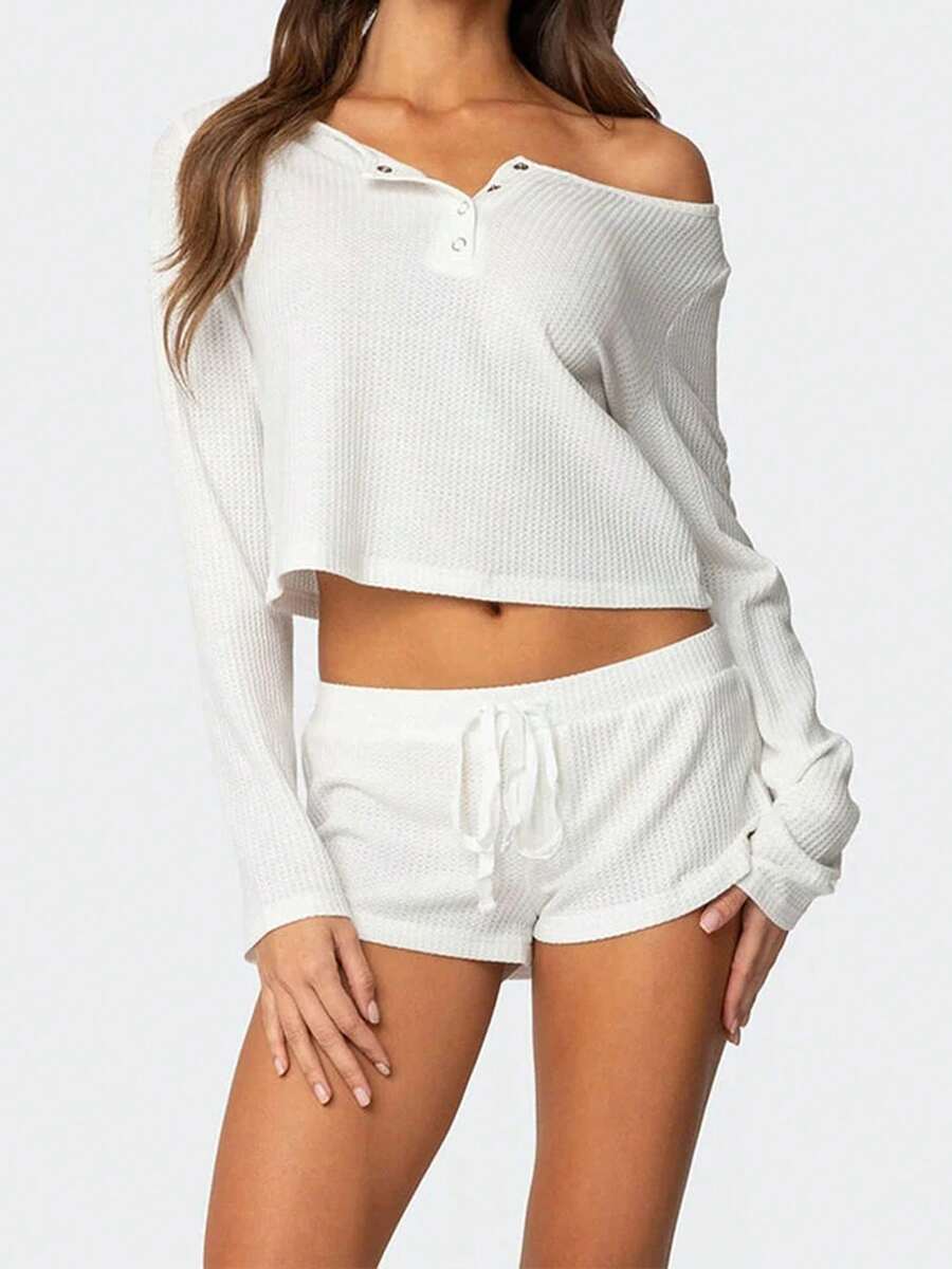 Women's Y2K Waffle Knit Off Shoulder Henley Loungewear Set - 2 Piece Crop Top  Drawstring Shorts  Cozy Chic Pajamas - 白色 - 查看 1