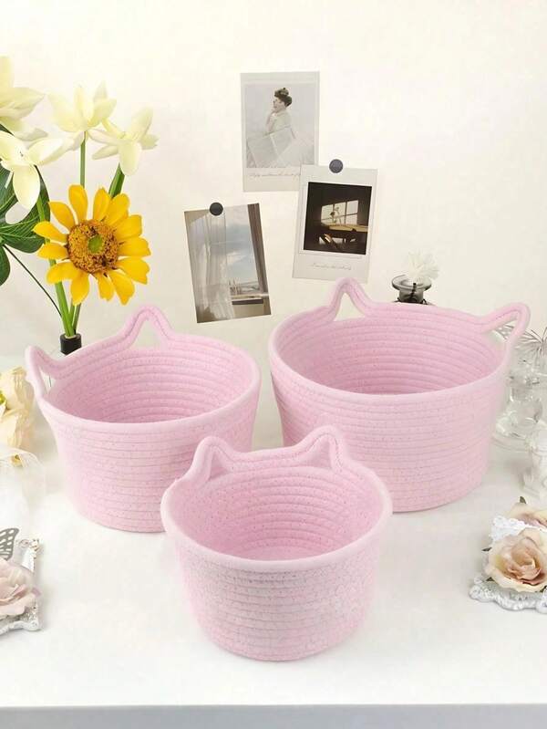 1pc Small Handmade Woven Rope Storage Basket With A Cat Ear Pattern, Suitable For Living Rooms, Bedrooms, Desks, Or Bedside Tabletops, A Woven Rope Basket With A Cat Ear Pattern, A Cute Basket With Handles For Dog And Cat Toy Storage, A Decorative Basket, A Living Room Desktop Storage Basket, A Gift Basket, An Empty Toy Storage Basket, A Three Pieces Gift Basket Set, A Kitchen Storage Basket, Or A Hanging Kitchen Basket.