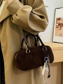 Vintage Fashion Versatile Texture Boston Bag, Exquisite Hanging Decoration Large Capacity Small Square Bag, Niche Design Solid Color Imitation Suede Crossbody Bag, Suitable For Commuting, Shopping And Work - Coffee - View 4